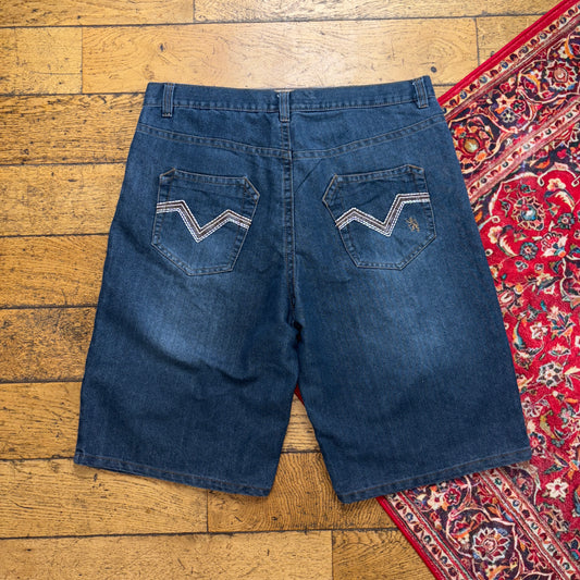 Vintage Lions Crest Blue Embroidered Y2K Hip Hop Baggy Jeans Shorts Jorts - 40