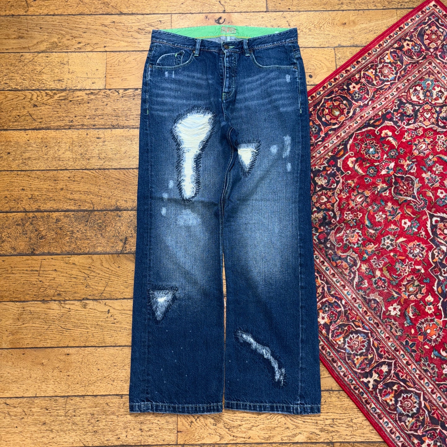 Vintage Blue Distressed Embroidered Y2K Hip Hop Bootcut Baggy Jeans - 36R
