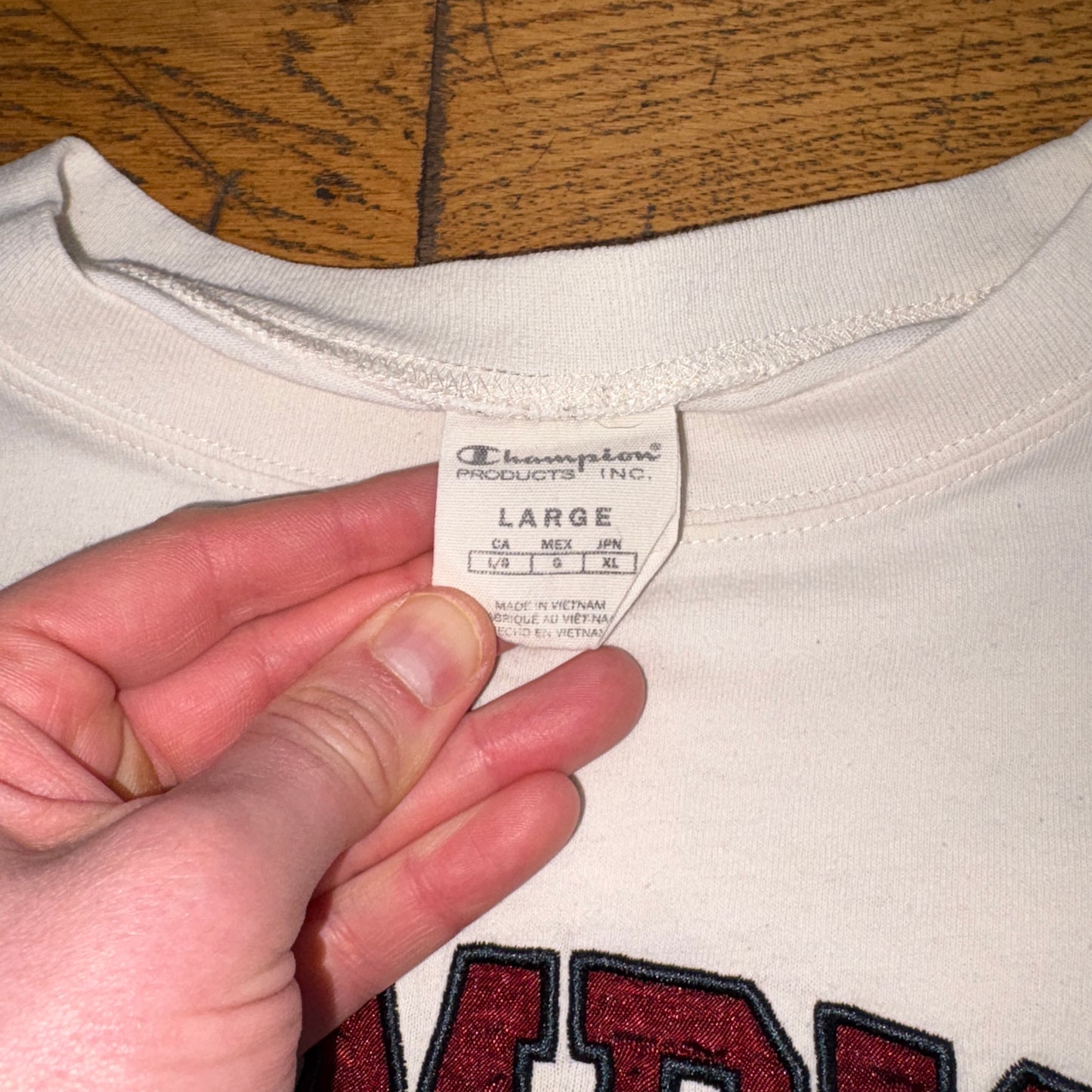 Vintage Champion White Embroidered Spellout Boxy Graphic T-Shirt - L