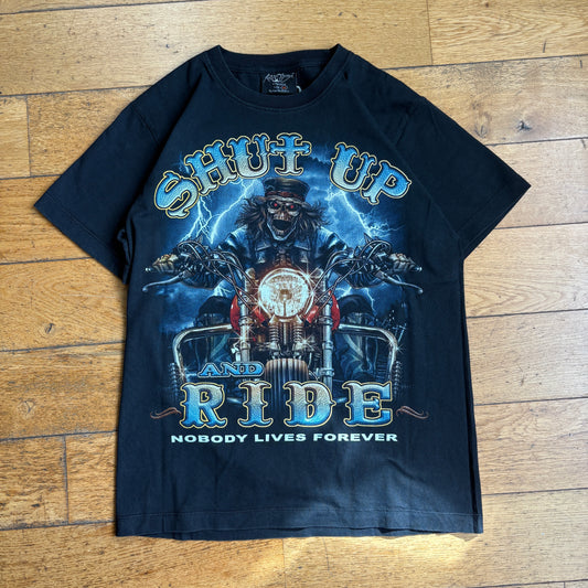 Vintage Motorbike Skeleton Black Graphic T-Shirt - S