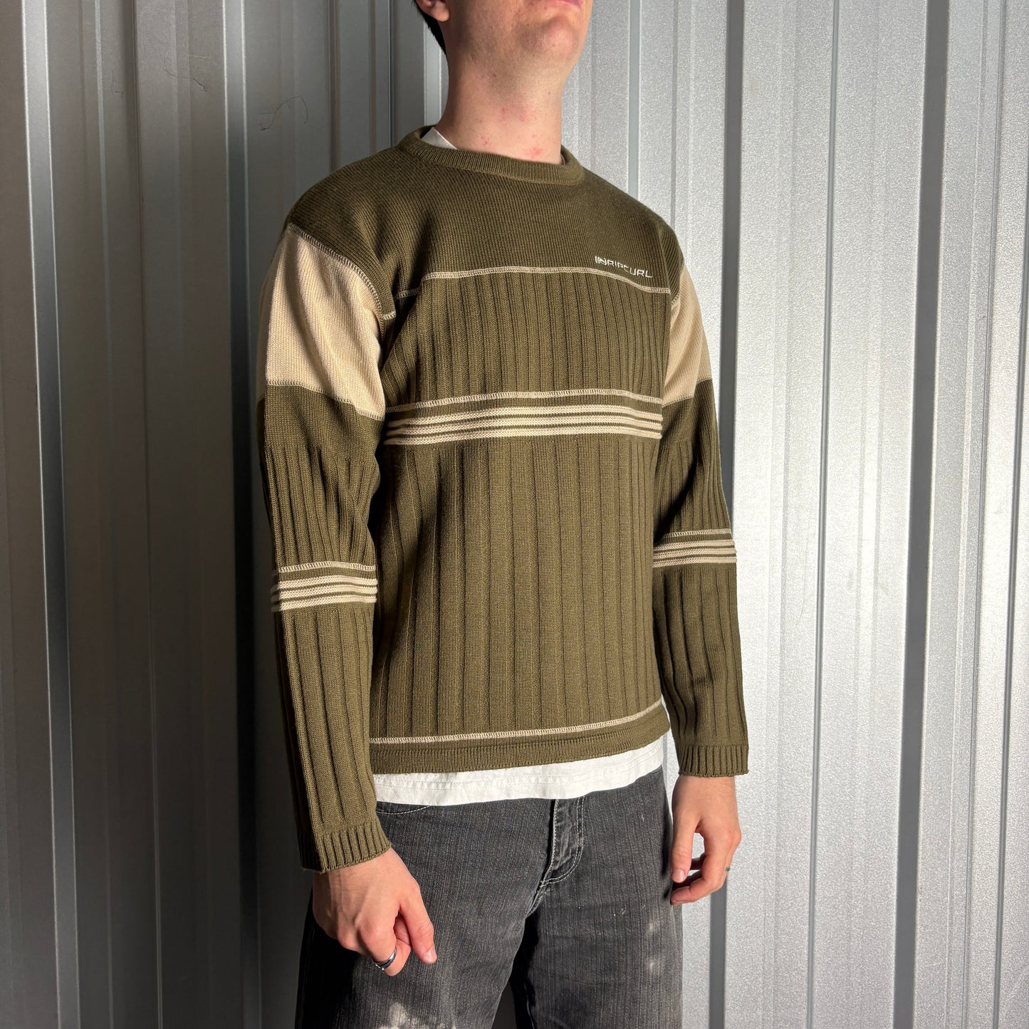 Vintage Rip Curl Green Wool Blend Surfwear Stripe Chunky Knit Jumper - S