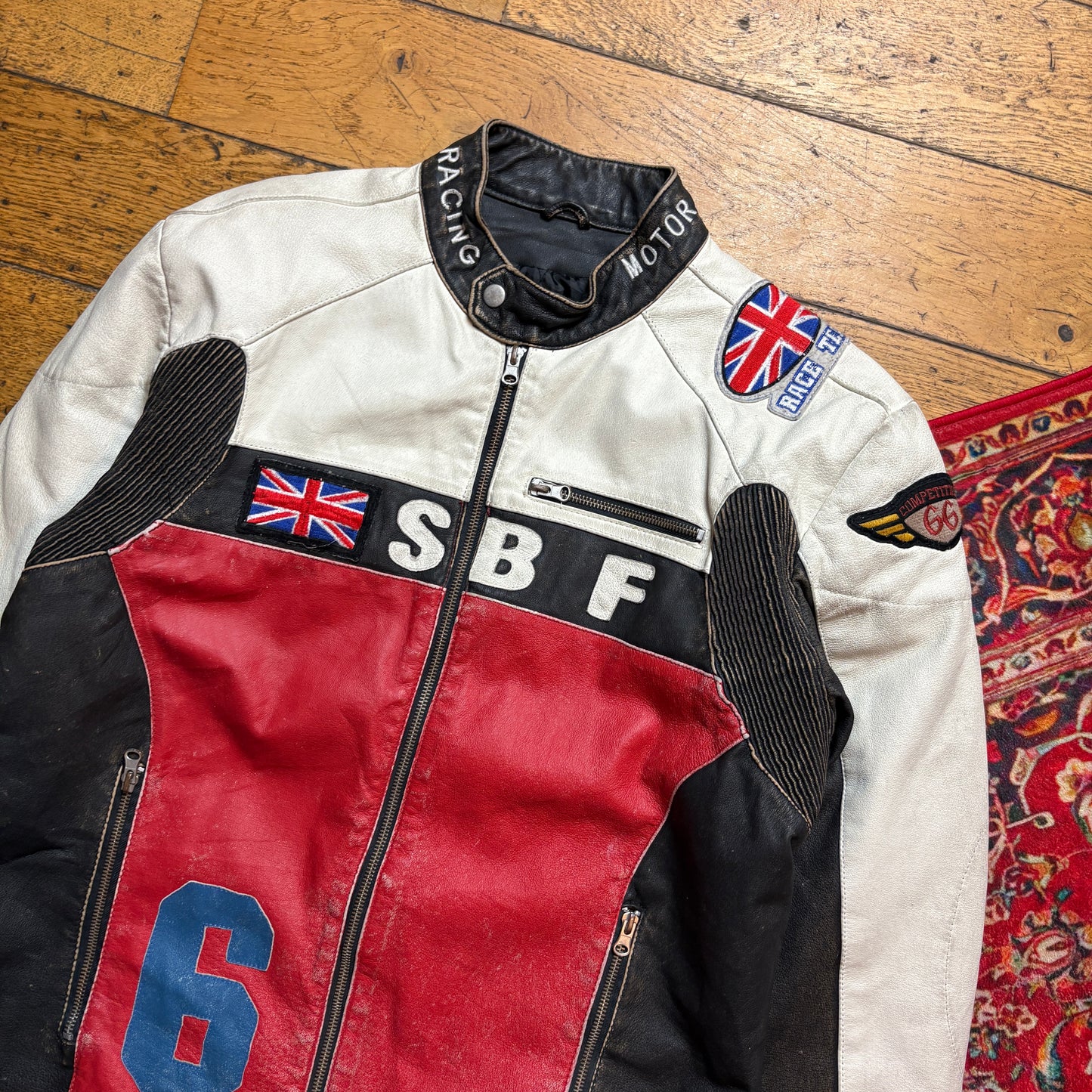 Vintage Red White Motorbike Leather Jacket - M