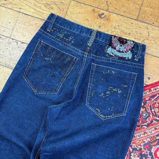 Vintage Southpole Blue Embroidered Y2K Hip Hop Baggy Jeans - 34