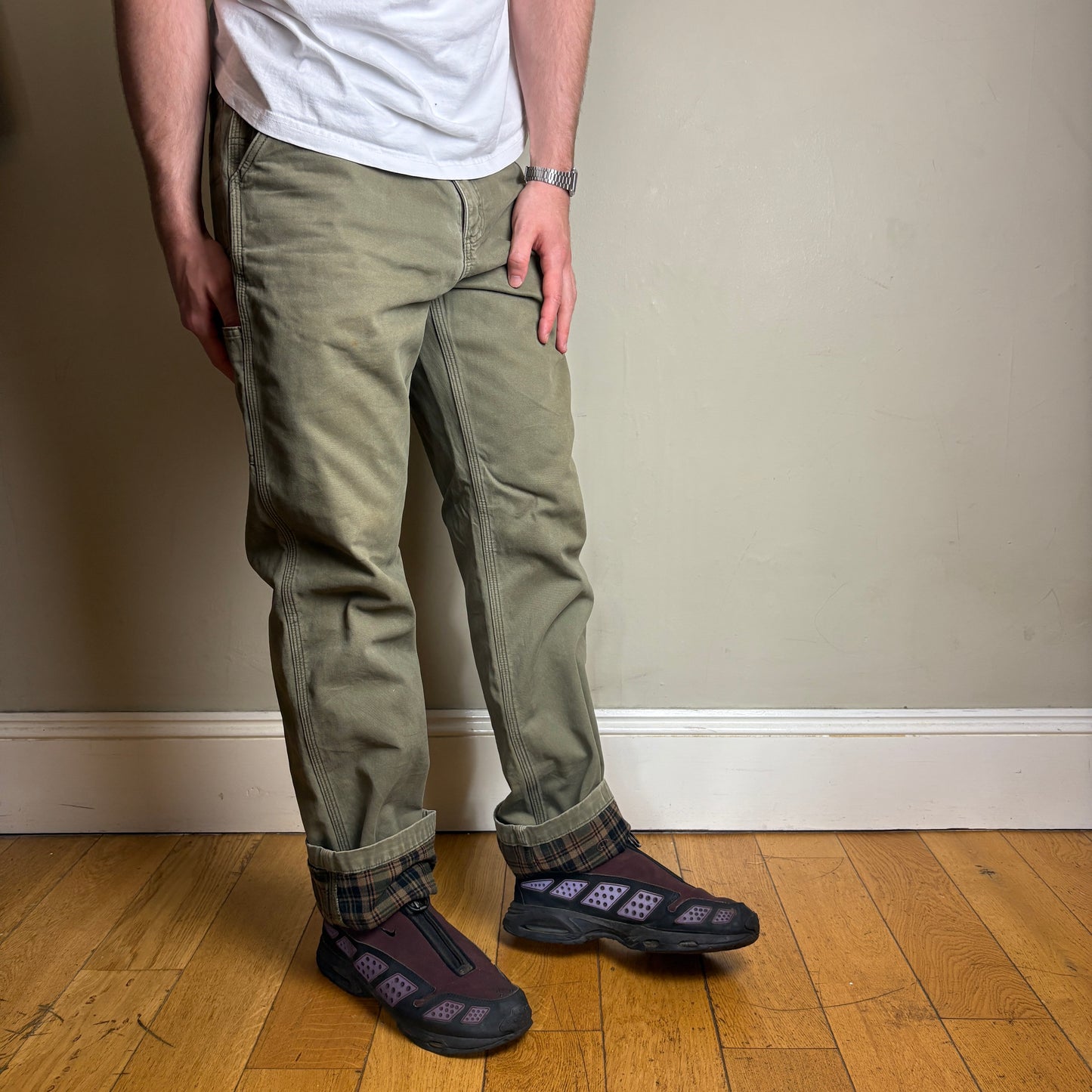Vintage Carhartt Green Blanket Lined Workwear Carpenter Baggy Trousers - 34L