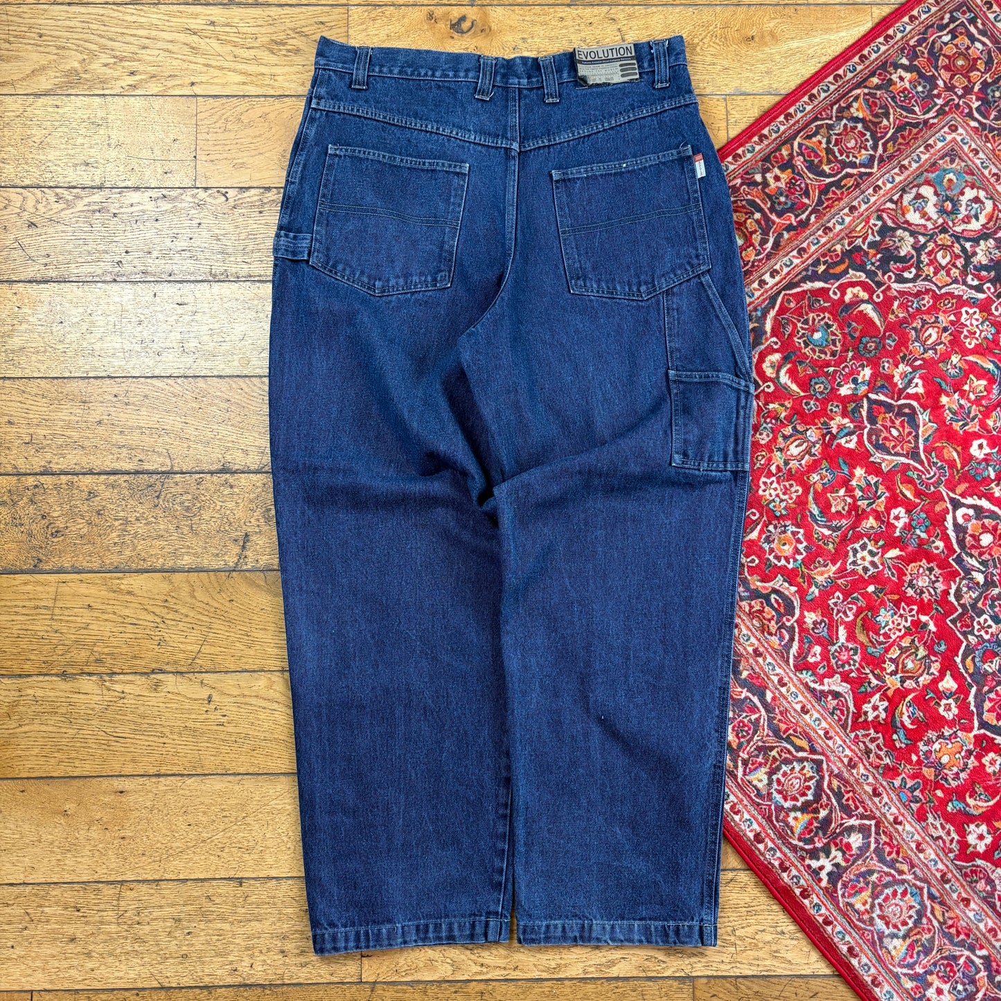 Vintage Evolution Blue Carpenter Embroidered Y2K Hip Hop Baggy Jeans - 38