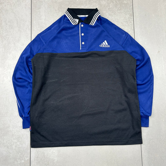Vintage 90s Adidas Embroidered Blue Black Rugby Polo Shirt - L