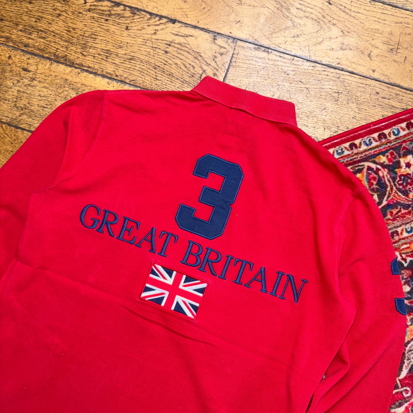 Vintage Ralph Lauren Red Great Britain Embroidered Polo Rugby Shirt - M