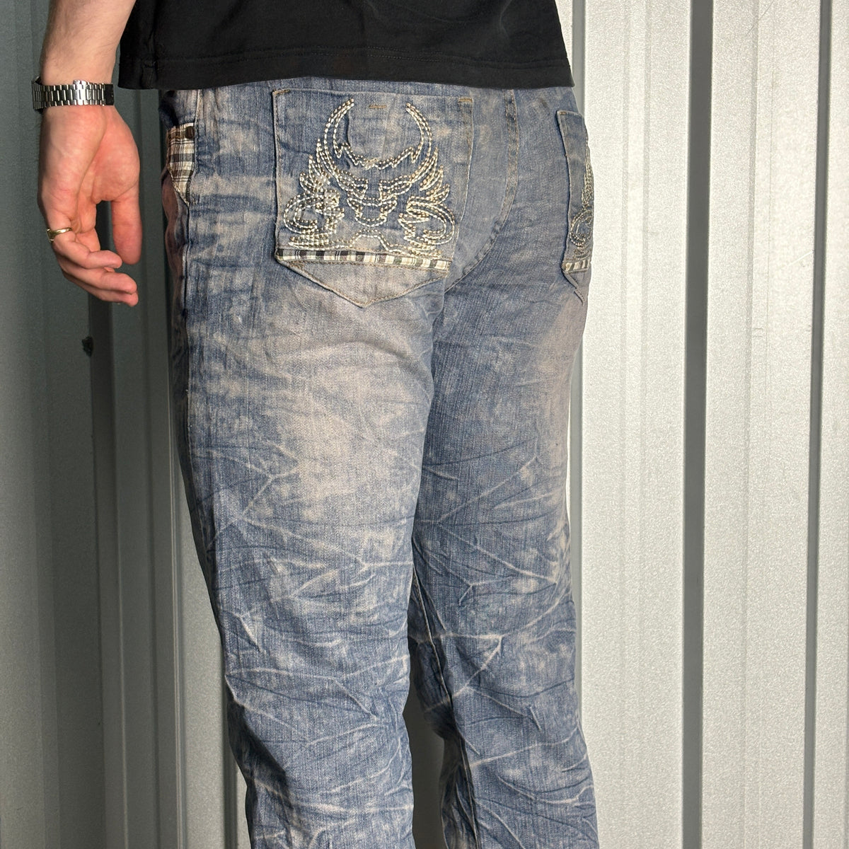 Embroidered Blue Japanese Denim Hip Hop Y2K Baggy Jeans - 34L