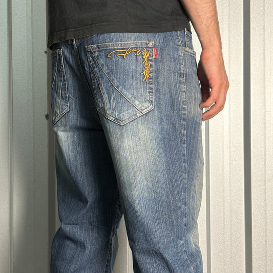 Dermson Blue Embroidered Japanese Denim Hip Hop Y2K Baggy Jeans - 36R