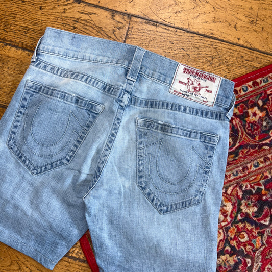 Vintage True Religion Moto Blue Embroidered Y2K Shorts Jorts - 30