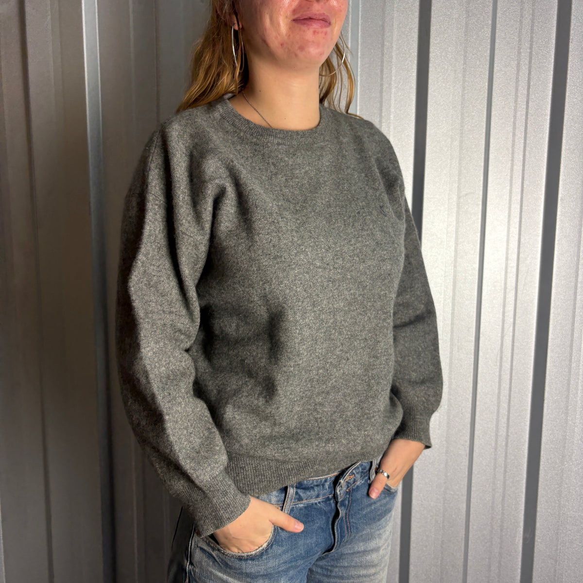 Vintage YSL Yves Saint Laurent Grey Wool Chunky Knit Jumper - S