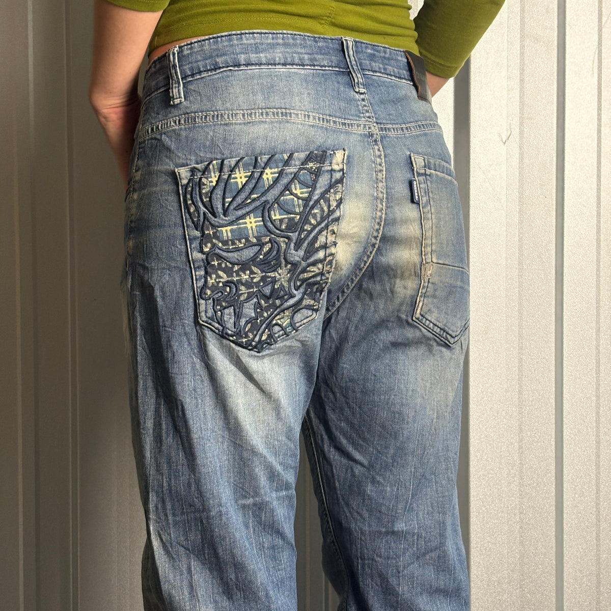 Embroidered Oniarai Blue Grunge Japanese Denim Hip Hop Y2K Baggy Jeans - 34S