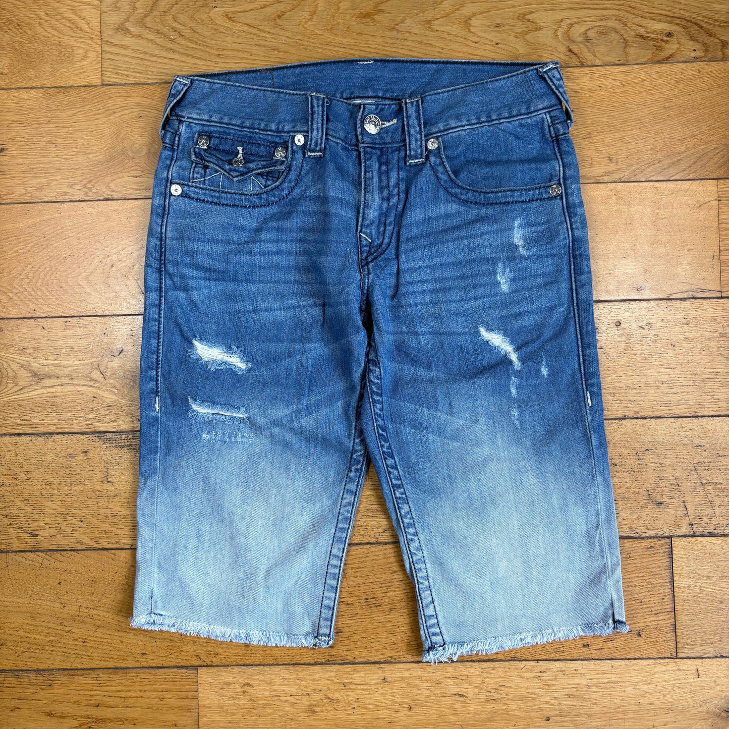 Vintage True Religion Blue Gradient Embroidered Y2K Shorts Jorts - 32