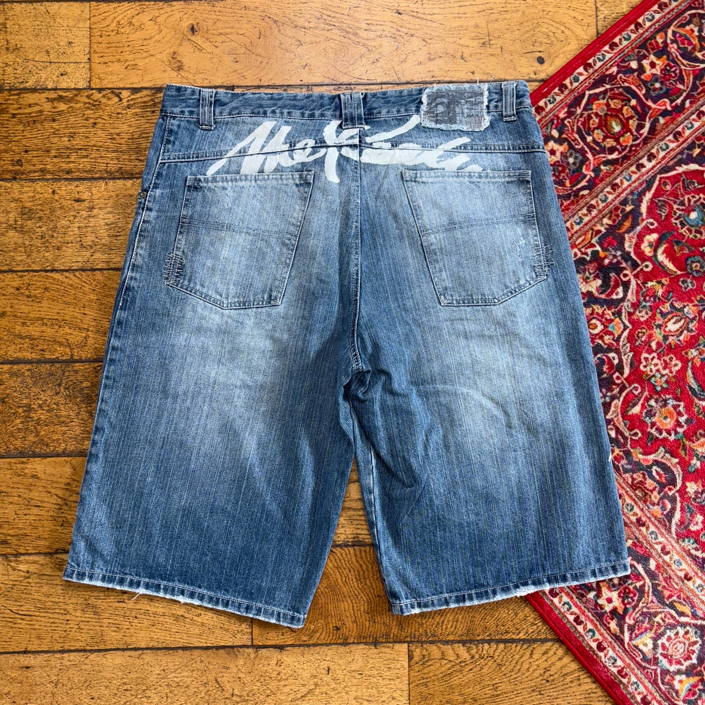Vintage Blue Embroidered Y2K Hip Hop Baggy Jeans Shorts Jorts - 38