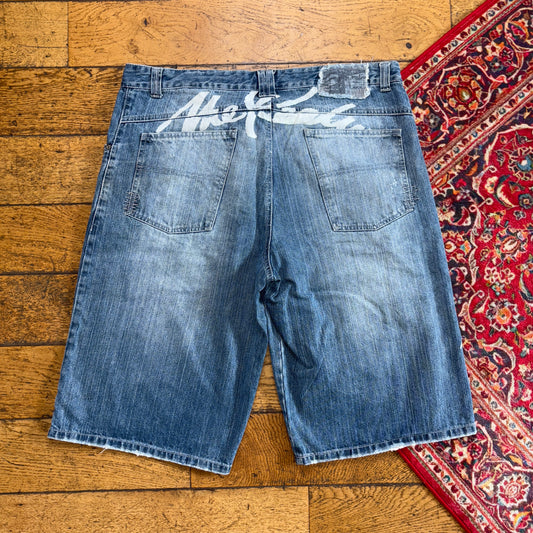 Vintage Blue Embroidered Y2K Hip Hop Baggy Jeans Shorts Jorts - 38
