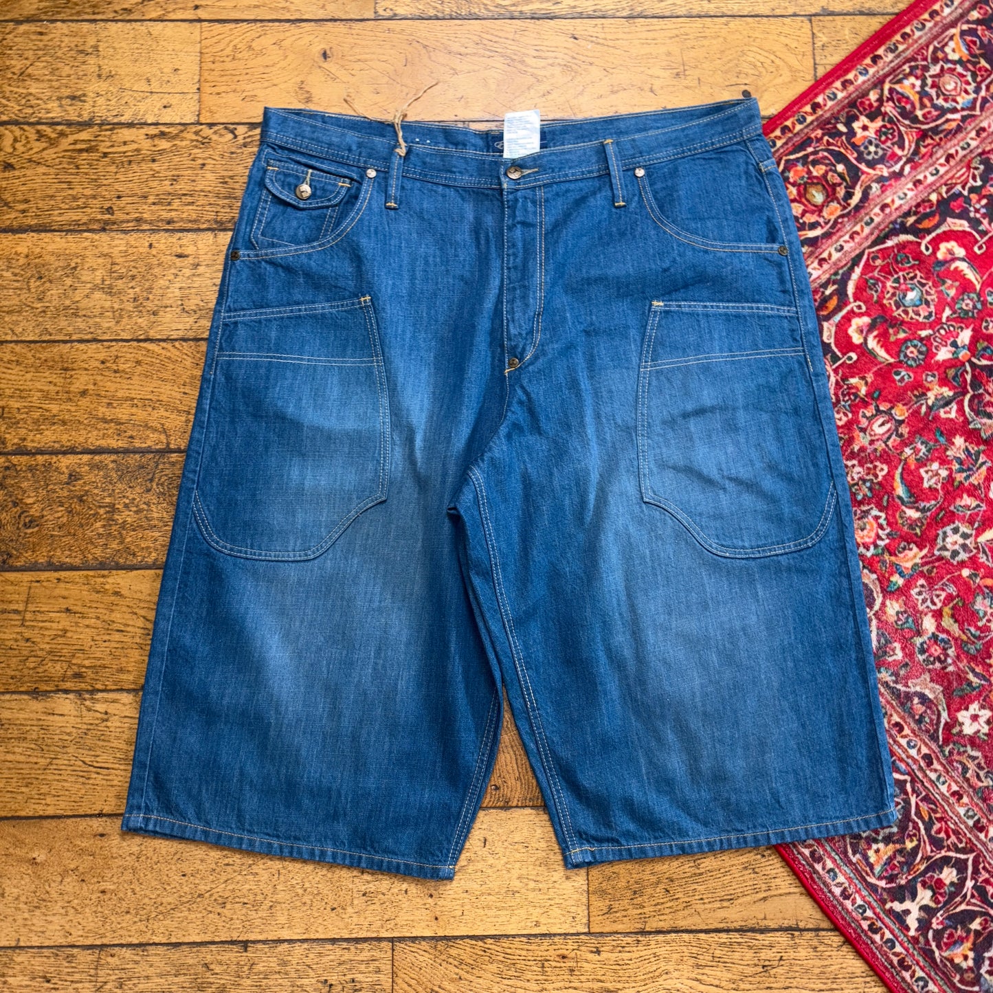 Vintage Exsto Blue Embroidered Y2K Hip Hop Baggy Jeans Shorts Jorts - 44