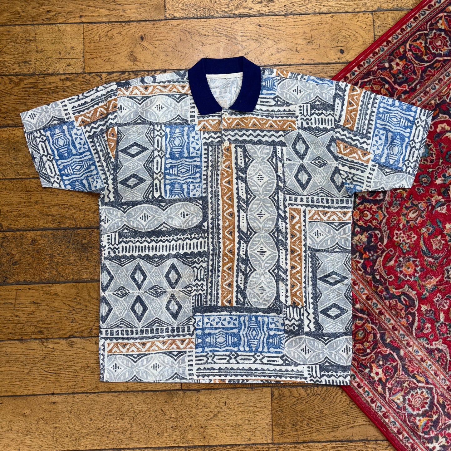 Vintage 90s Blue Grey Pattern Golf Polo Shirt - L