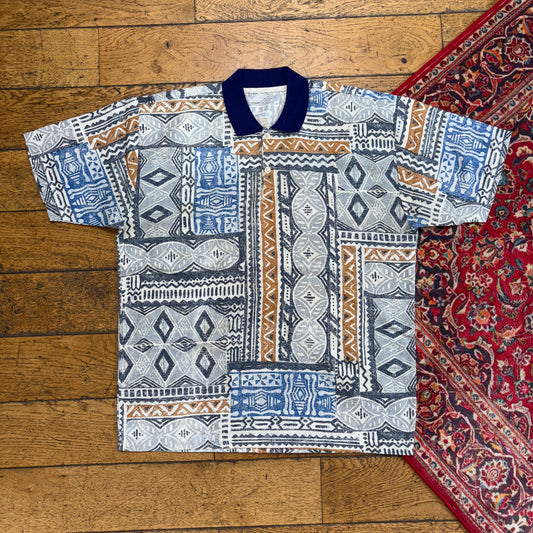 Vintage 90s Blue Grey Pattern Golf Polo Shirt - L