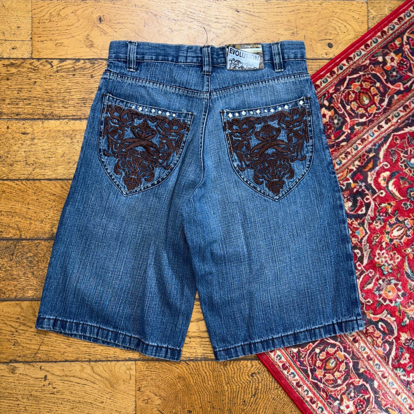 Vintage Evolution in Design Embroidered Hip Hop Blue Baggy Shorts Jorts - 32