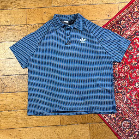 Vintage Adidas Embroidered Blue Pattern Polo T-Shirt - XXL