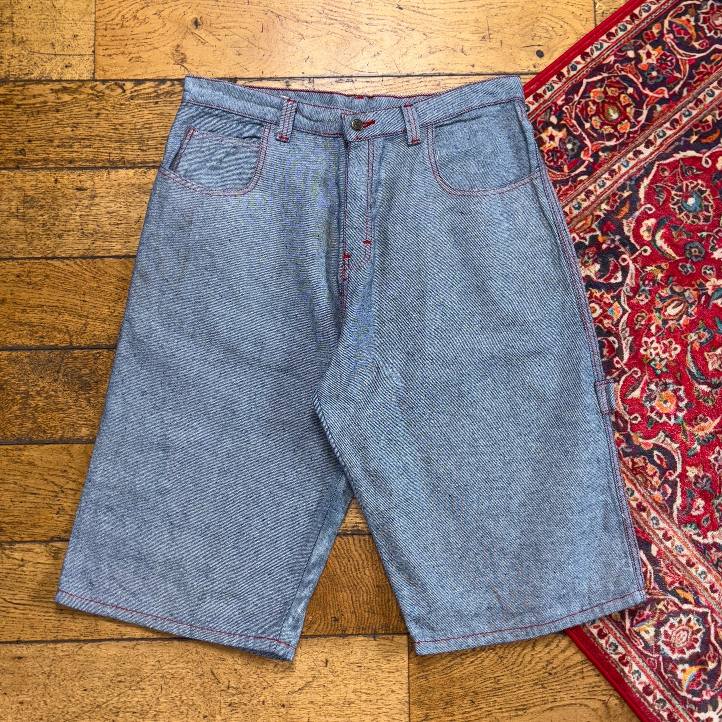 Vintage Blue Grey Embroidered Y2K Hip Hop Baggy Jeans Shorts Jorts - 36