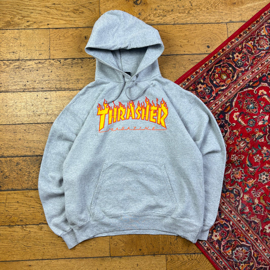 Vintage Thrasher Flames Grey Skate Hoodie Sweatshirt - S