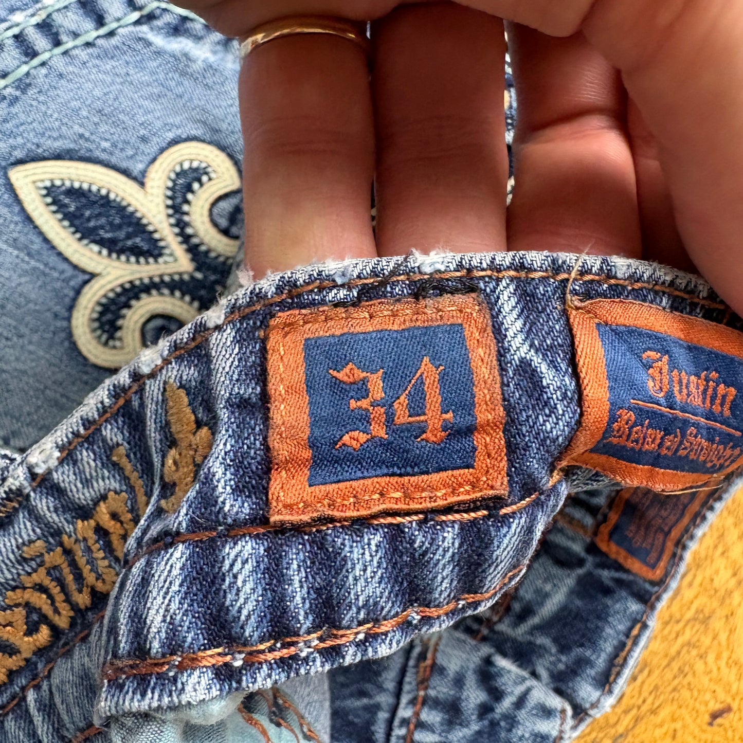 Vintage Rock Revival Blue Embroidered Y2K Hip Hop Straight Jeans - 38