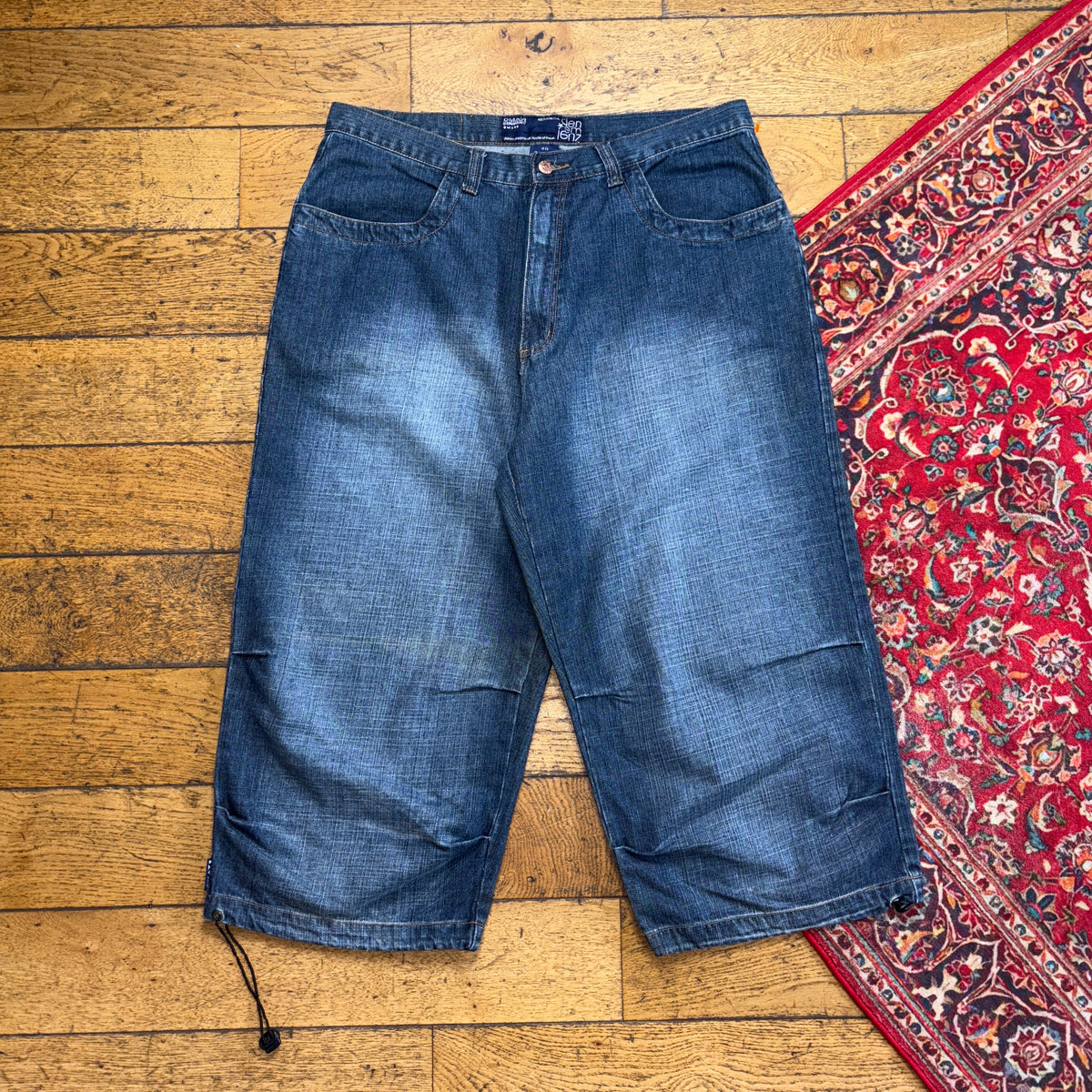 Vintage Blue Embroidered Y2K Hip Hop Baggy Jeans Shorts Jorts - 38