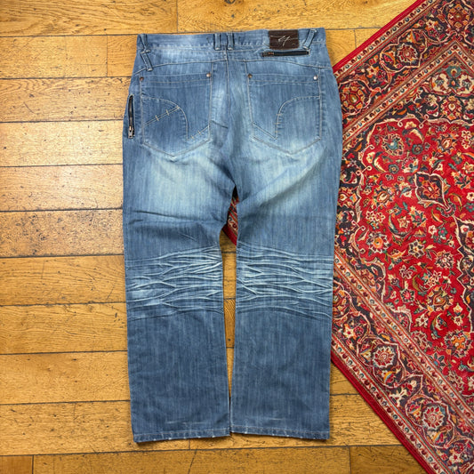 Vintage Blue Embroidered Y2K Hip Hop Baggy Jeans - 42