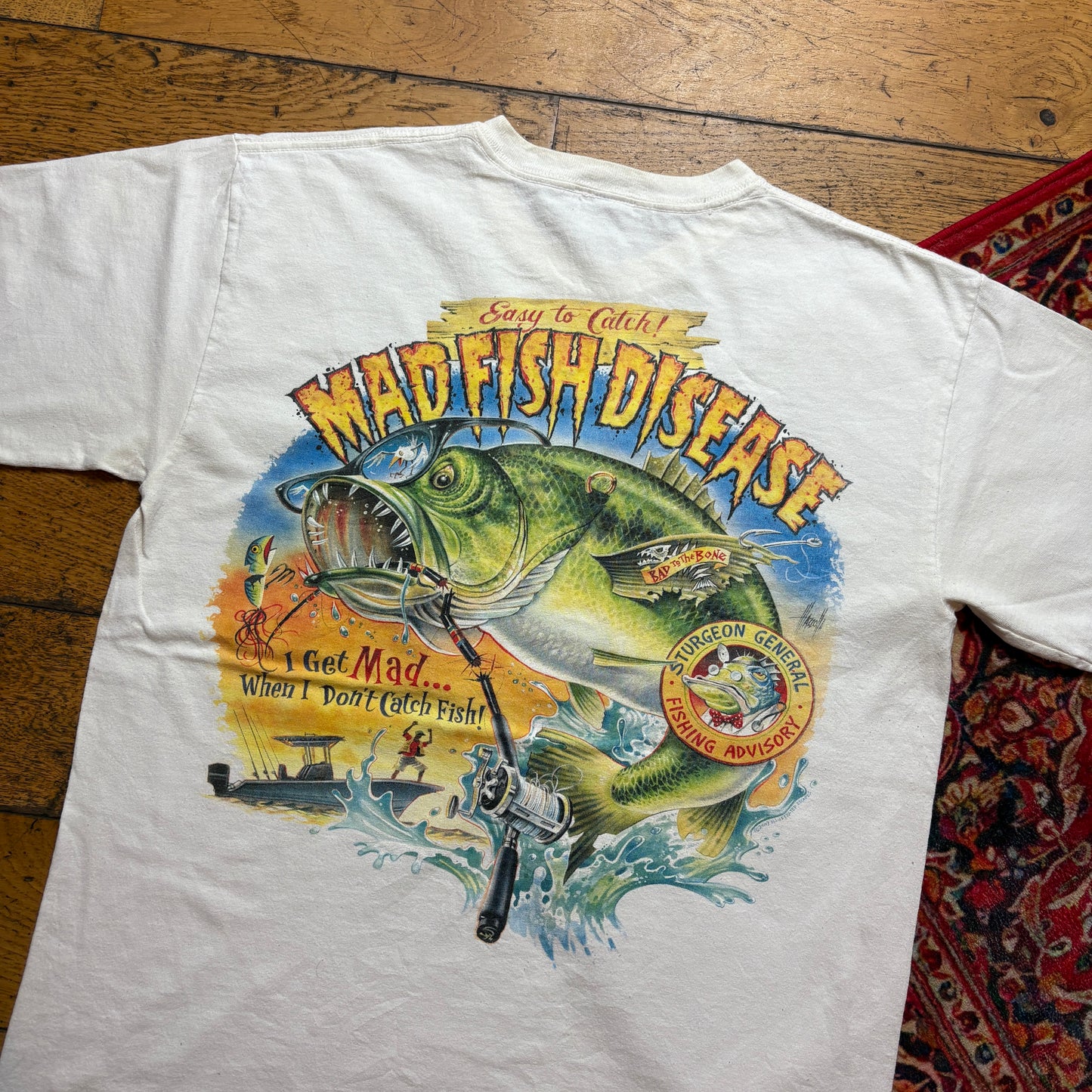 Vintage White Funny Fishing Graphic T-Shirt - S