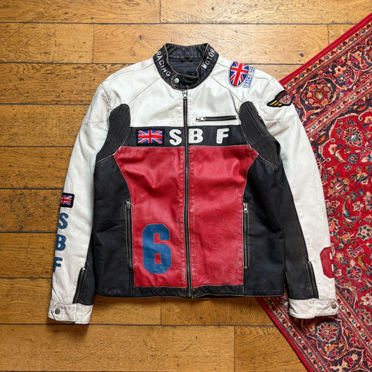 Vintage Red White Motorbike Leather Jacket - M