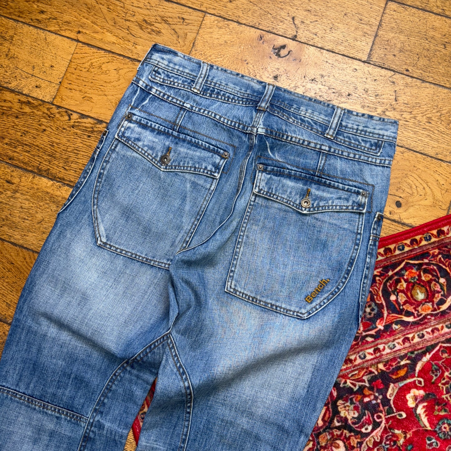 Vintage Bench Blue Embroidered Y2K Hip Hop Baggy Jeans - 36S