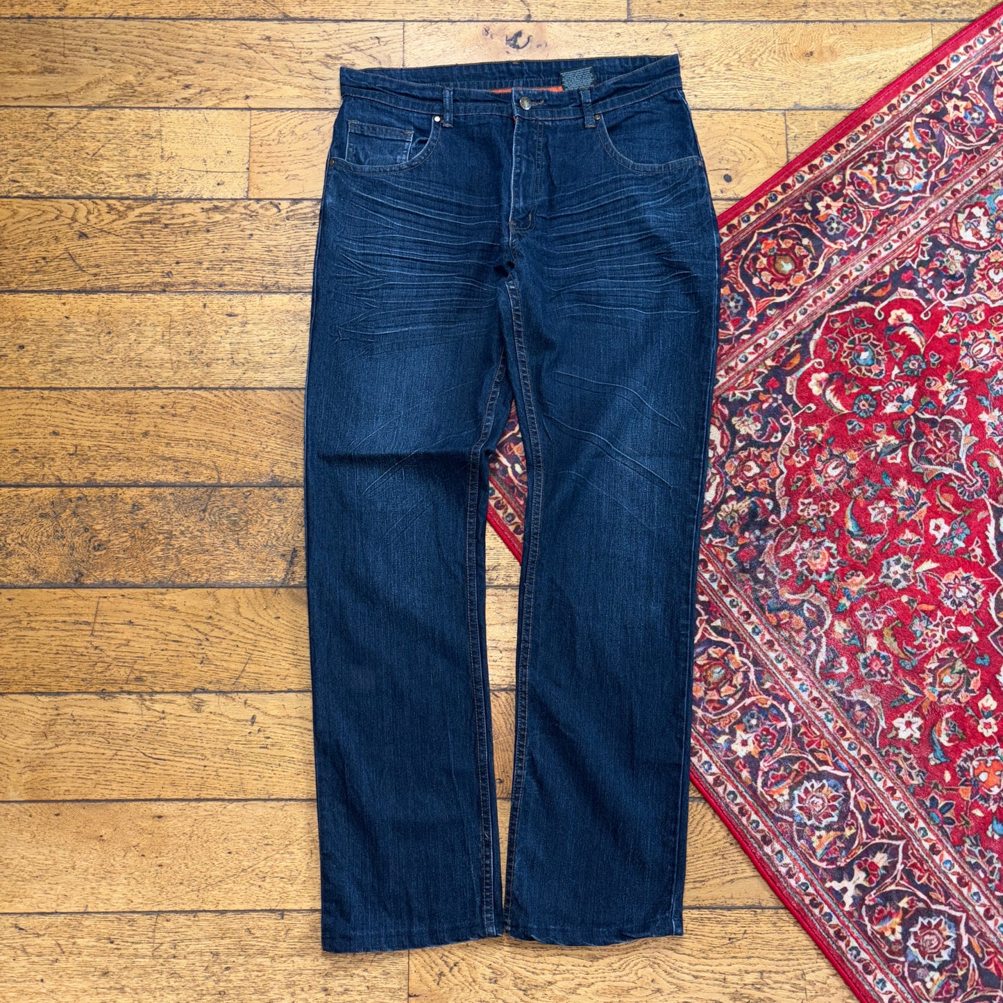 Vintage Navy Blue Embroidered Y2K Hip Hop Straight Jeans - 34L