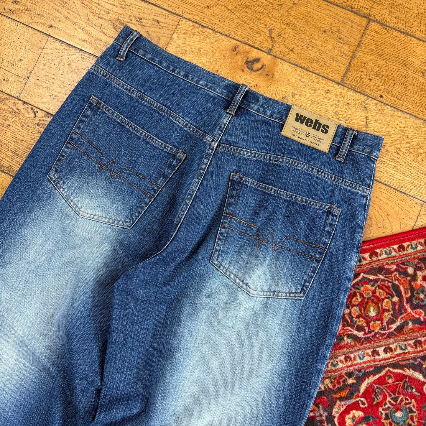 Vintage Webs Blue Embroidered Y2K Hip Hop Baggy Jeans - 38