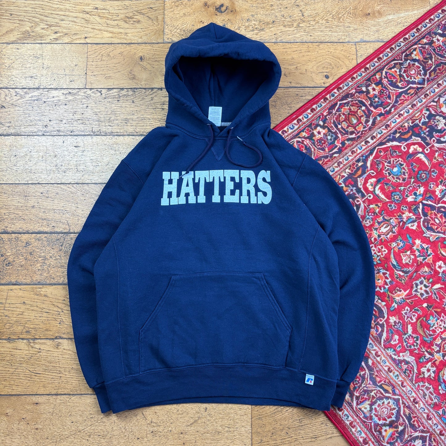 Vintage Russell Athletic Navy Boxy USA College Hoodie Sweatshirt - L