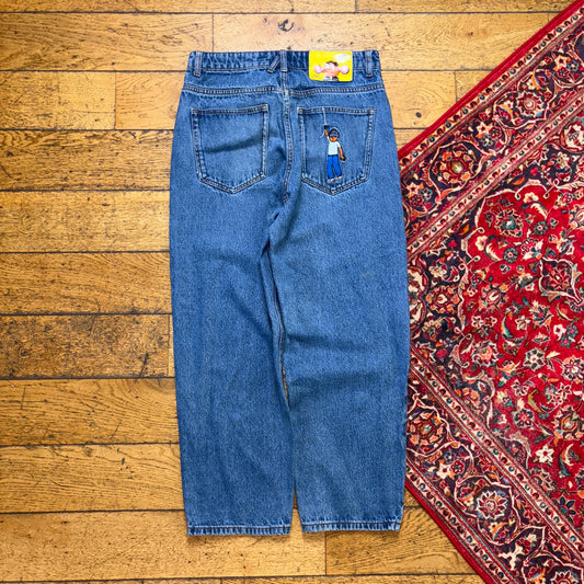 Vintage Chaos Jeans Blue Tapered Embroidered Y2K Hip Hop Baggy Jeans - 30S