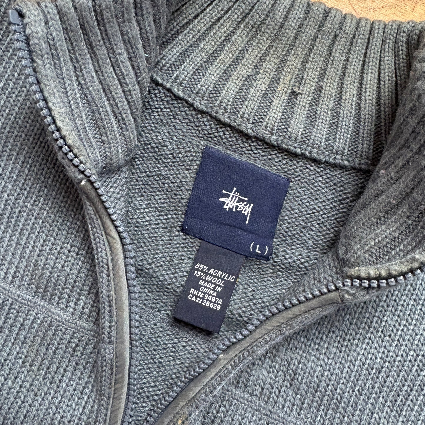 Vintage Stussy Grey Double Zip Chunky Knit Jumper - L