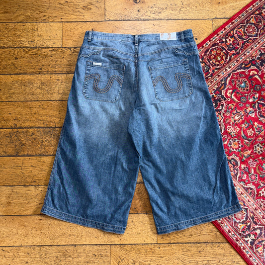 Vintage Crest Blue Floral Embroidered Y2K Hip Hop Baggy Jeans Shorts Jorts - 40
