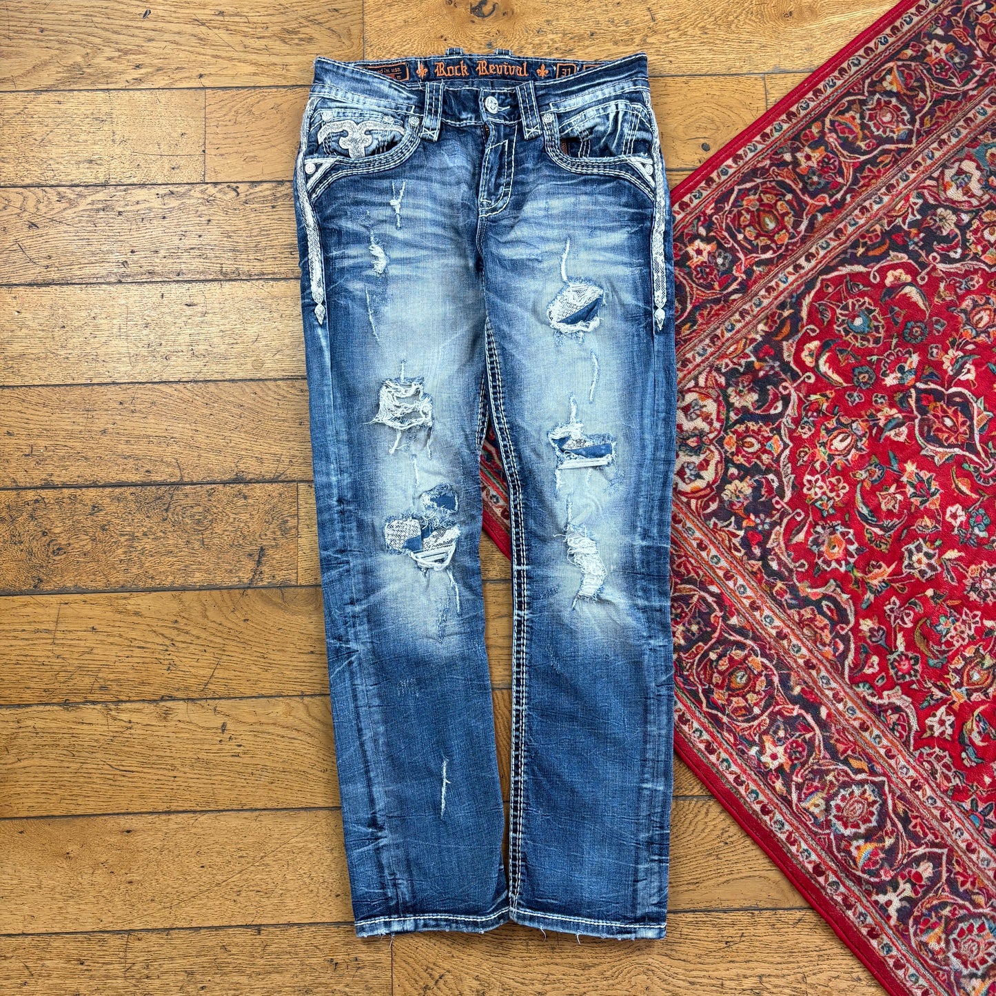 Vintage Rock Revival Blue Embroidered Y2K Hip Hop Slim Straight Jeans - 34