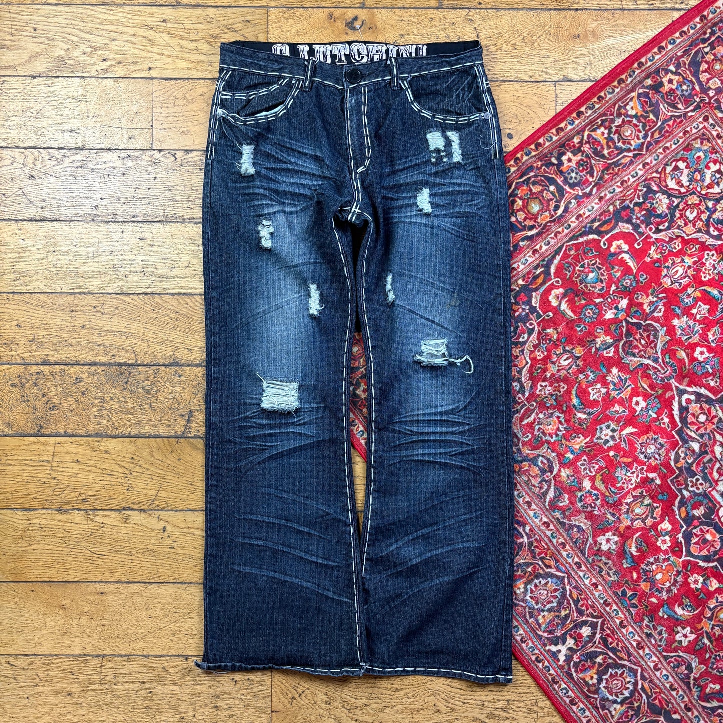 Vintage Blue Bootcut Embroidered Y2K Hip Hop Baggy Jeans - 36