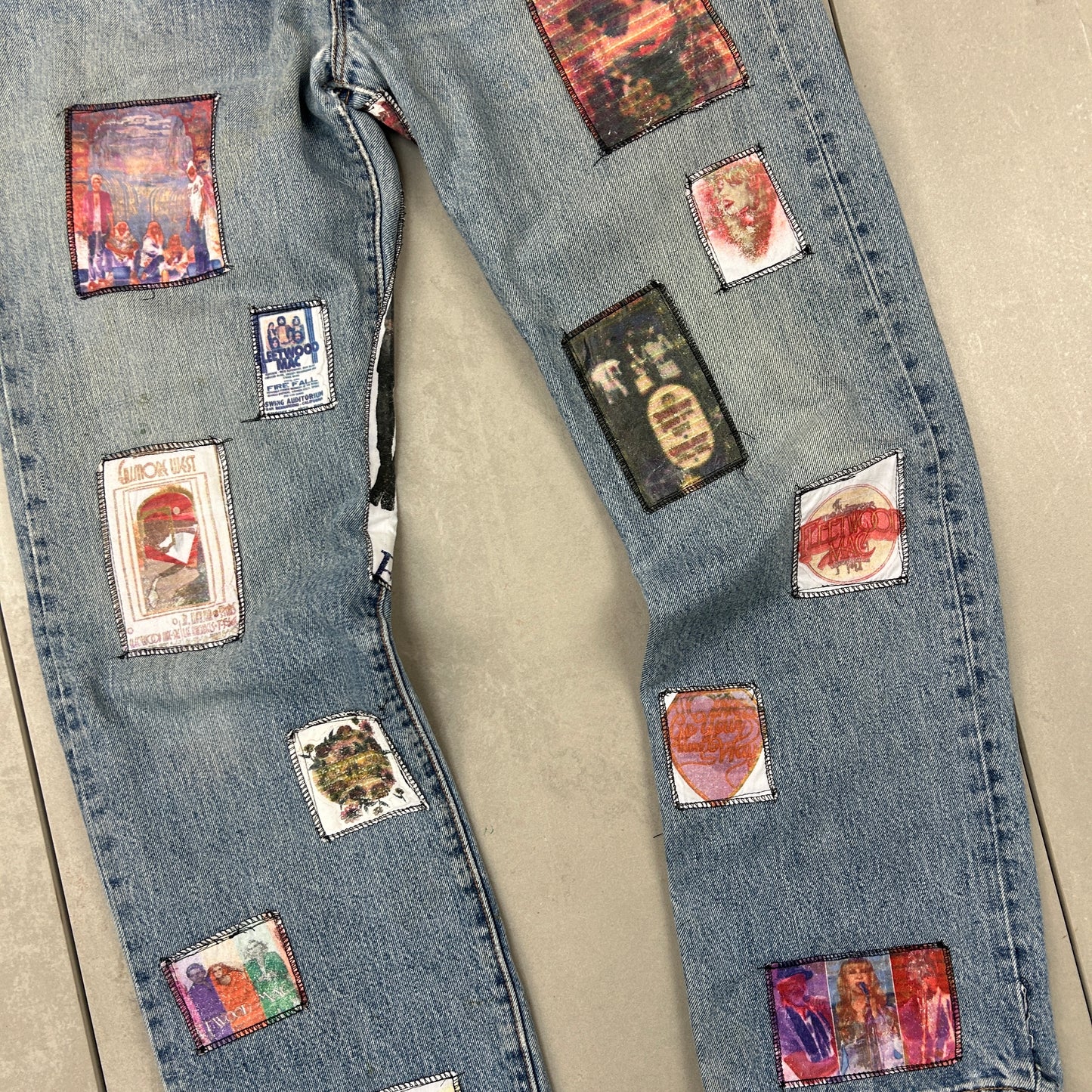 Vintage Levis 501 Patchwork Fleetwood Mac Blue Denim Straight Jeans - 34