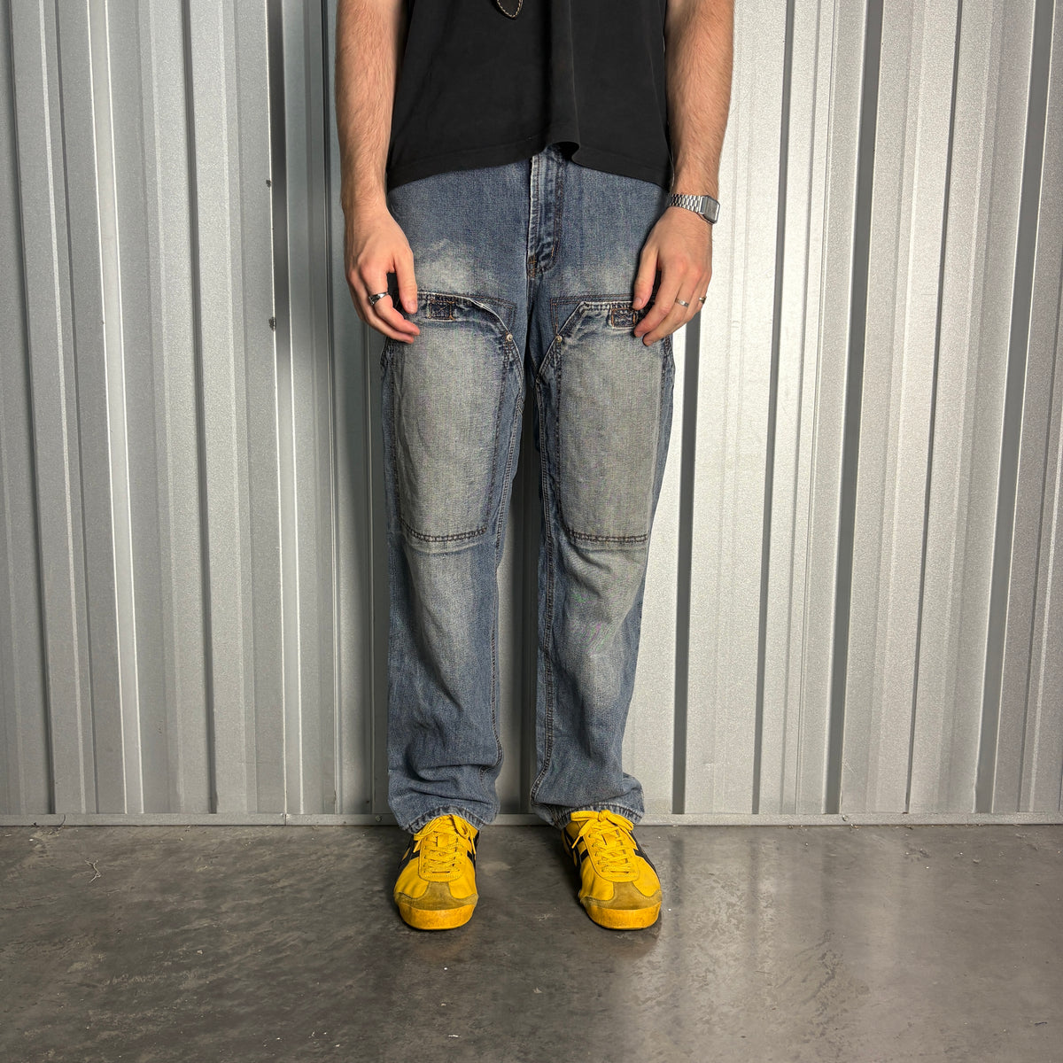 Blue Embroidered Double Knee Japanese Denim Hip Hop Y2K Baggy Jeans - 32R