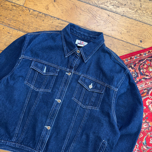 Vintage Blue Boxy Cropped Hip Hop Denim Trucker Jacket - M