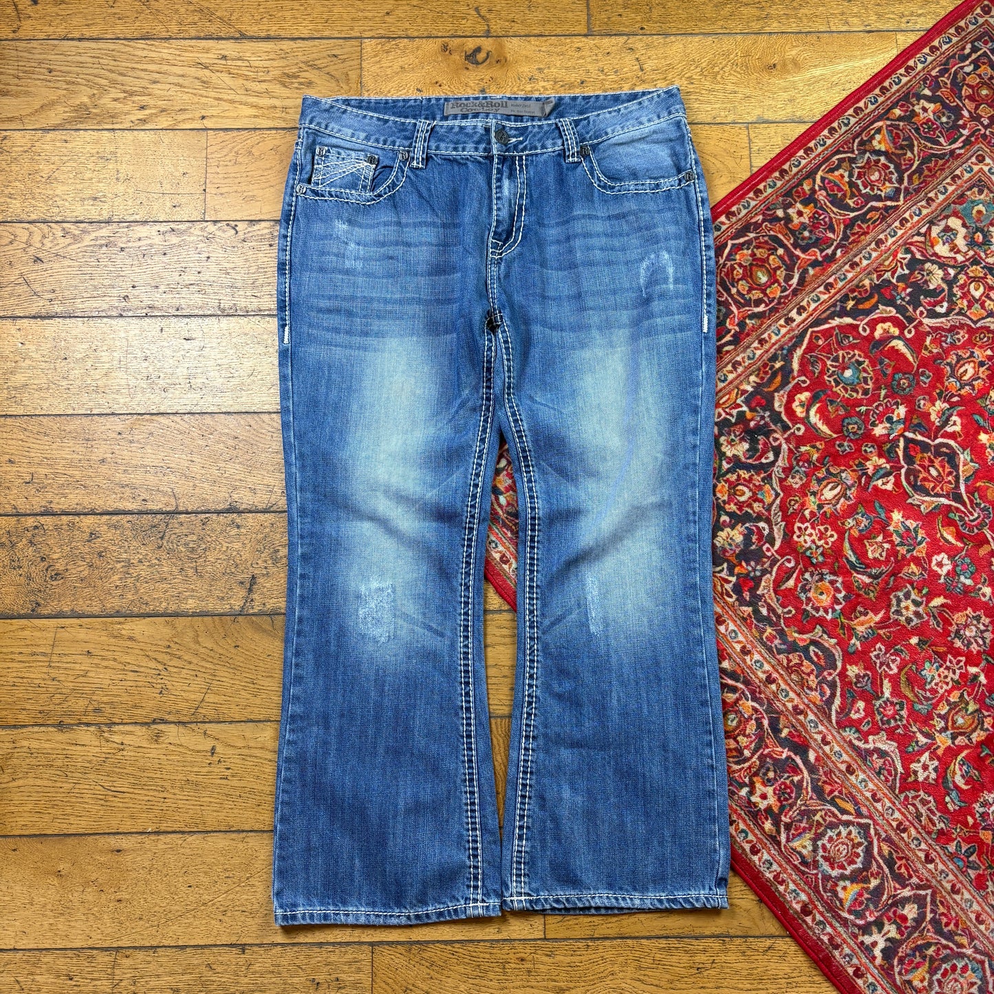 Vintage Bootcut Blue Embroidered Y2K Hip Hop Baggy Jeans - 38