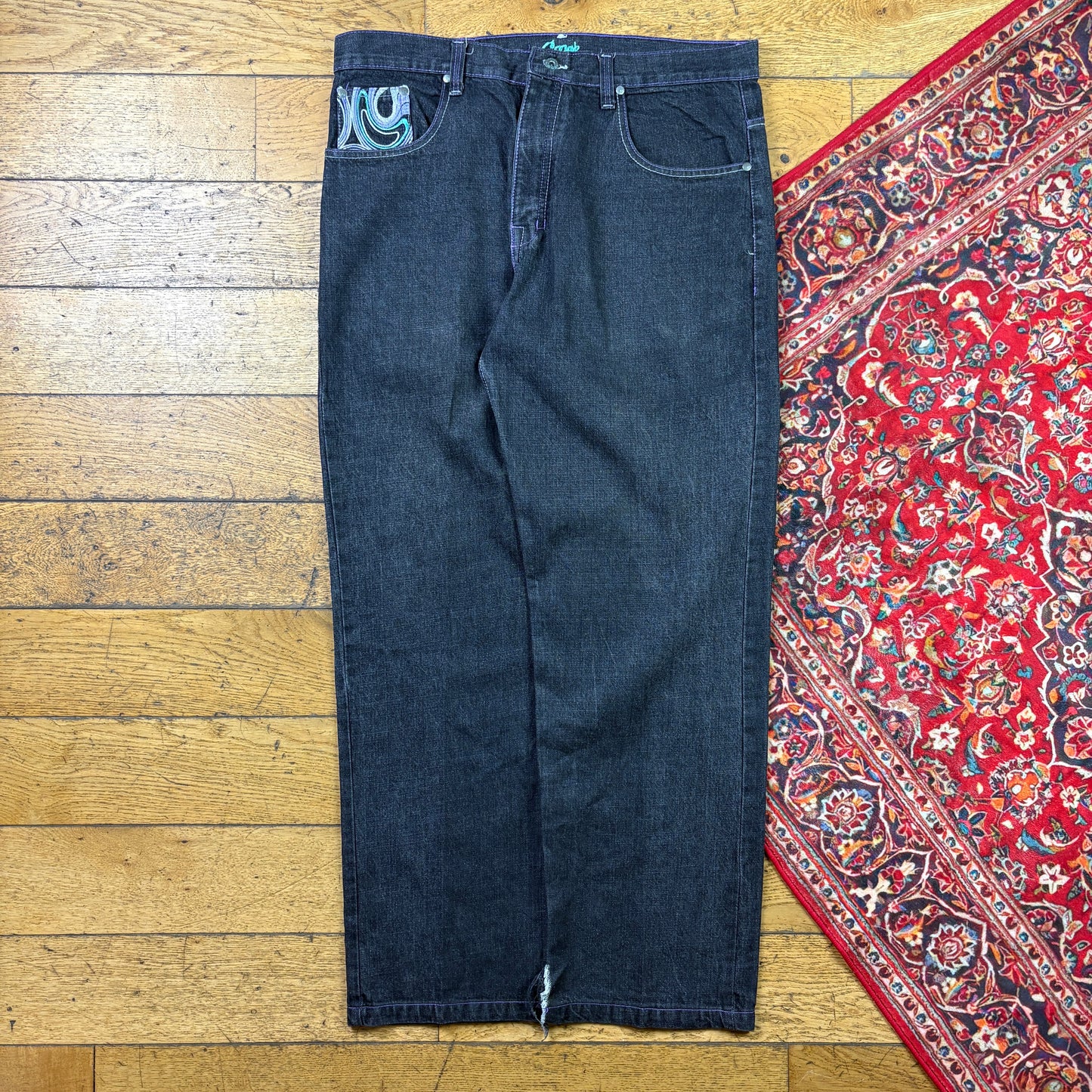 Vintage Coogi Black Embroidered Y2K Hip Hop Baggy Jeans - 38