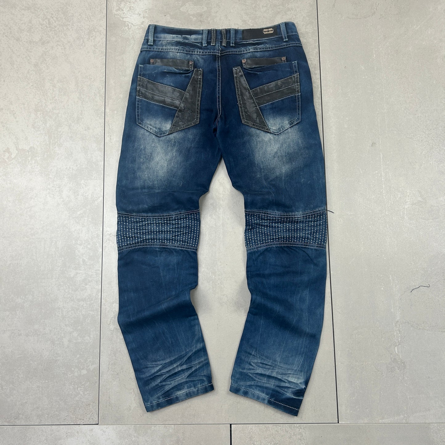 Vintage Hip Hop Straight Blue Black Biker Jeans - 32