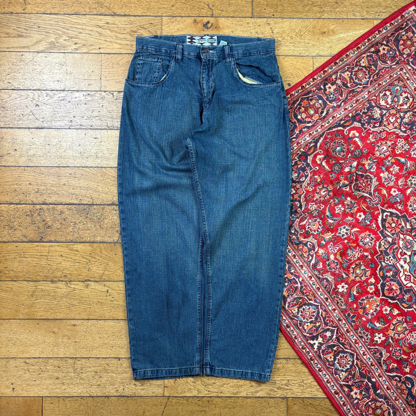 Vintage Evolution in Design Blue Embroidered Y2K Hip Hop Baggy Jeans - 36