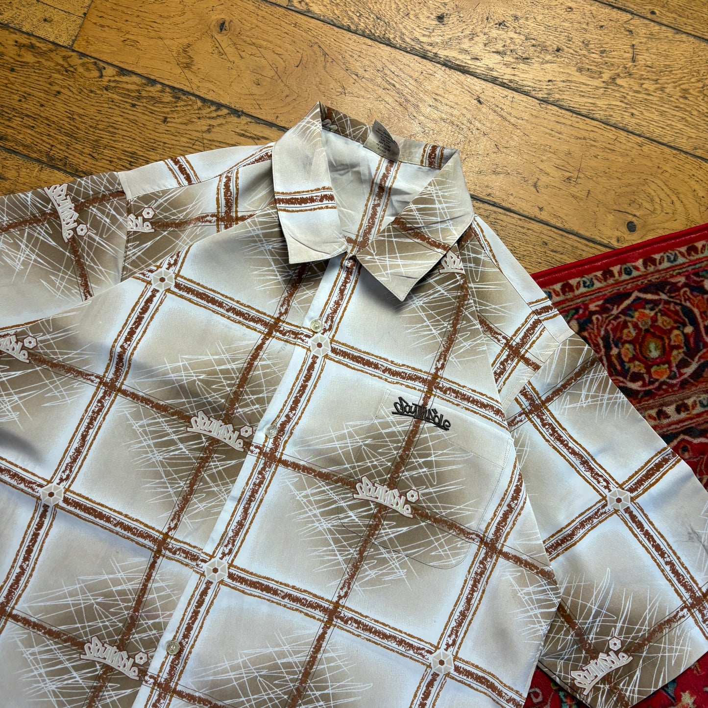 Vintage Southpole Brown Cream Check Hip Hop Short Sleeve Embroidered Shirt - XL