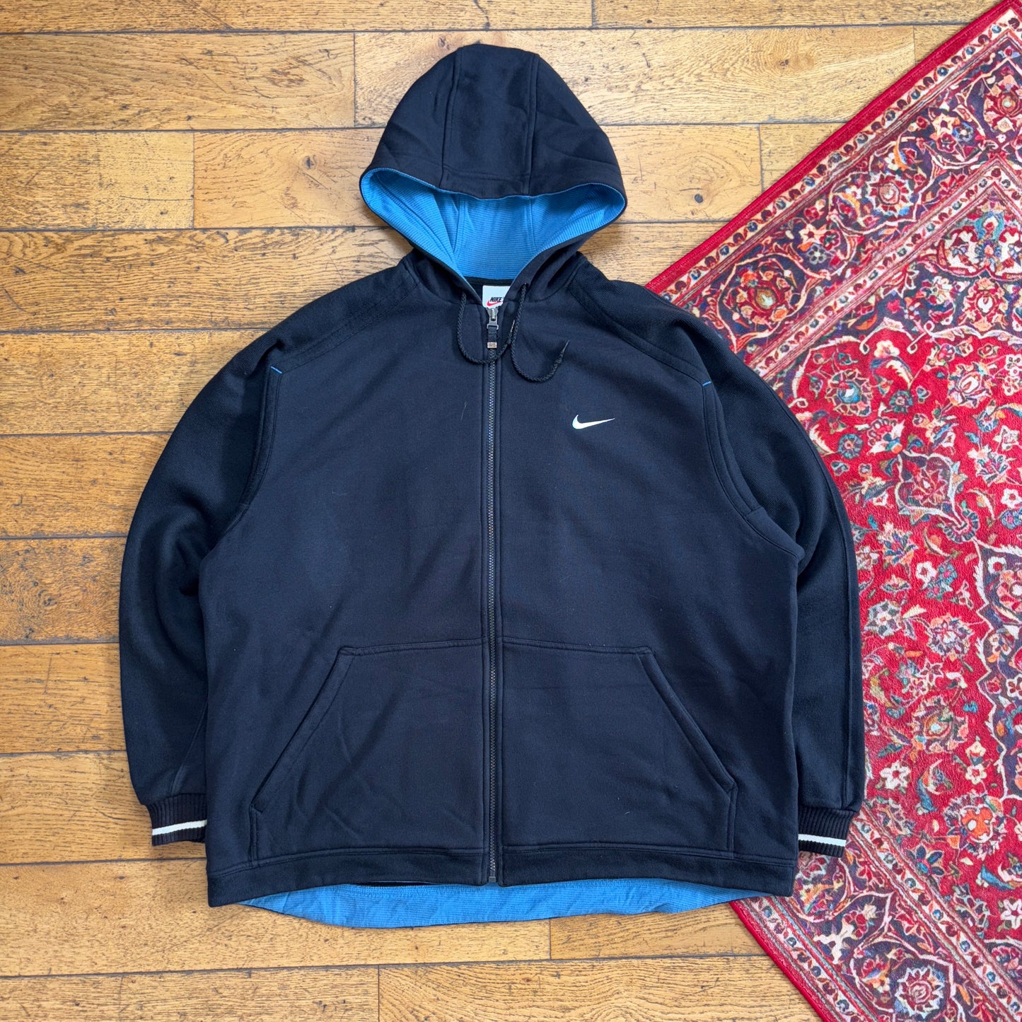 Vintage 90s Nike Black Hoodie Embroidered Zip Sweatshirt - 3XL