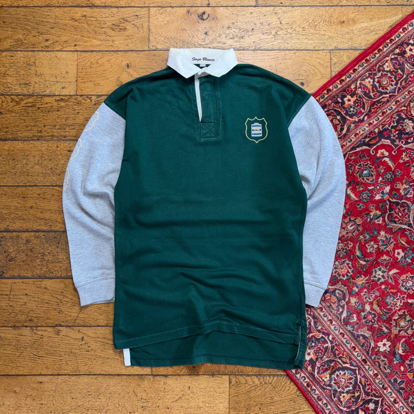 Vintage Green Grey Embroidered Rugby Polo Shirt - S